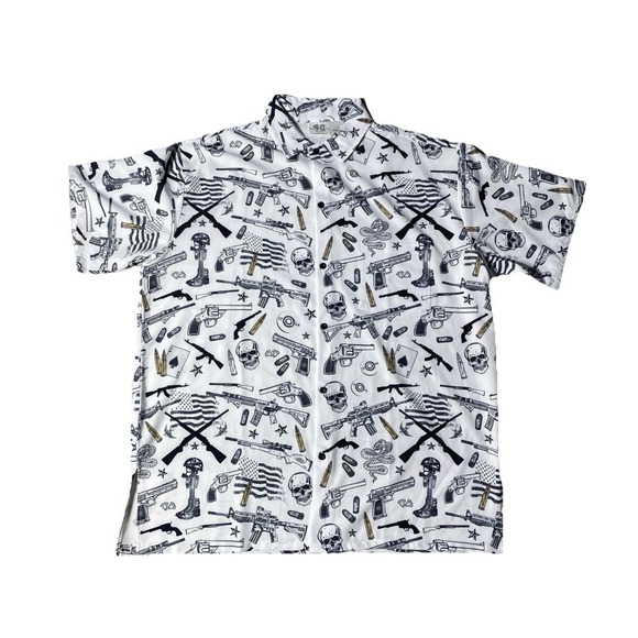 Funny Guy Mugs Gun Skull Print Shirt XXL White Graphic Button Up Men's Top - Picture 3 of 12
